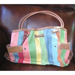 Multicolor Leather Coach Tote Bag With Dual Handles & Buckle Accents